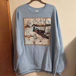 Hanes Light Blue Crew Neck Sweater with Vintage Goose Print Handmade